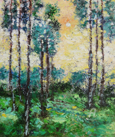 Malerei mit dem Titel "Forest during sunse…" von Indrani Ghosh, Original-Kunstwerk, Öl Auf Andere starre Platte montiert