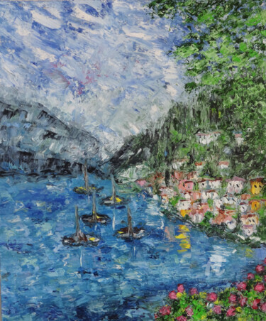 Painting titled "Como Lake Italy Imp…" by Indrani Ghosh, Original Artwork, Oil Mounted on Other rigid panel