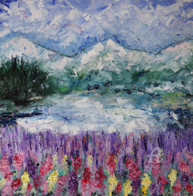 Pintura intitulada "Lupins on the shore…" por Indrani Ghosh, Obras de arte originais, Óleo Montado em Outro painel rígido