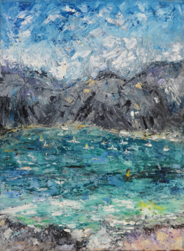 Painting titled "Italian Lago di Gar…" by Indrani Ghosh, Original Artwork, Oil Mounted on Other rigid panel