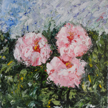 Картина под названием "Pink Roses Impasto…" - Indrani Ghosh, Подлинное произведение искусства, Масло Установлен на Другая же…