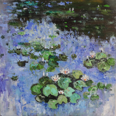 Painting titled "Water Lilies in a b…" by Indrani Ghosh, Original Artwork, Oil Mounted on Other rigid panel