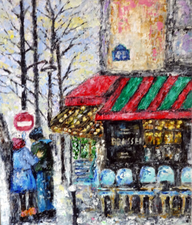 Painting titled "Paris Cafe Original…" by Indrani Ghosh, Original Artwork, Oil Mounted on Other rigid panel