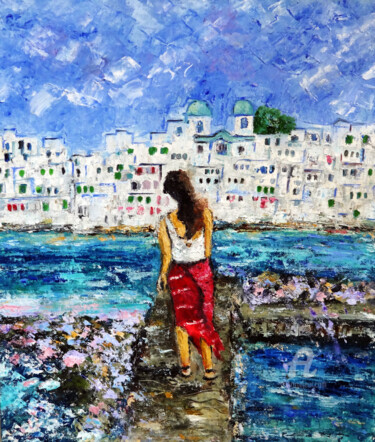 Painting titled "Woman at Paros Isla…" by Indrani Ghosh, Original Artwork, Oil Mounted on Other rigid panel