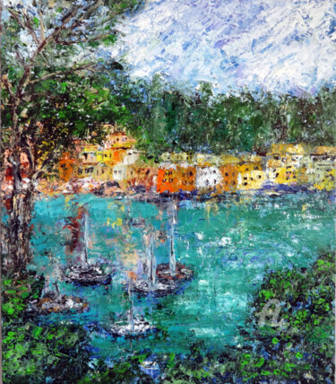 Painting titled "Portofino Italy Imp…" by Indrani Ghosh, Original Artwork, Oil Mounted on Other rigid panel