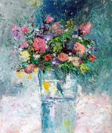 Malarstwo zatytułowany „Flowers Bouquet Sti…” autorstwa Indrani Ghosh, Oryginalna praca, Olej Zamontowany na Inny sztywny pa…