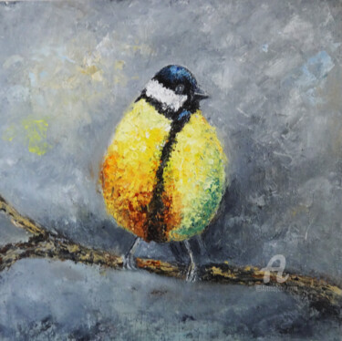 Painting titled "Great Tit Bird Oil…" by Indrani Ghosh, Original Artwork, Oil Mounted on Other rigid panel
