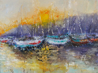 Painting titled "Yachts during Sunse…" by Indrani Ghosh, Original Artwork, Oil Mounted on Other rigid panel