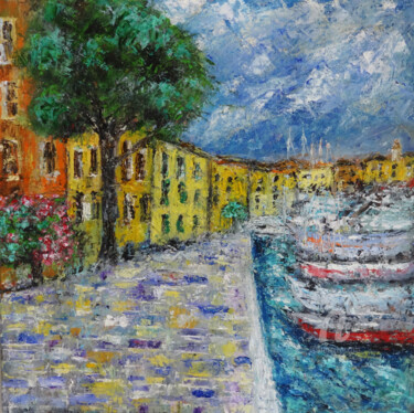 Painting titled "Toscolano Maderno L…" by Indrani Ghosh, Original Artwork, Oil Mounted on Other rigid panel