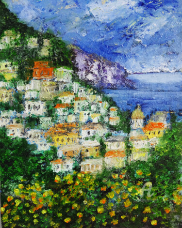 Schilderij getiteld "Positano Landscape…" door Indrani Ghosh, Origineel Kunstwerk, Olie Gemonteerd op Andere stijve panelen