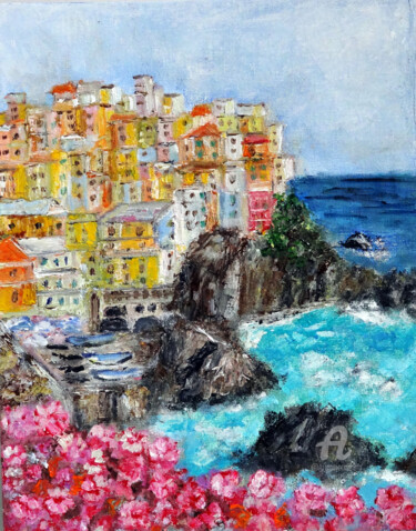 Painting titled "Cinque Terre Landsc…" by Indrani Ghosh, Original Artwork, Oil Mounted on Other rigid panel