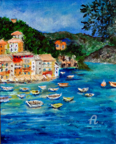Painting titled "Portofino Seascape…" by Indrani Ghosh, Original Artwork, Oil Mounted on Other rigid panel