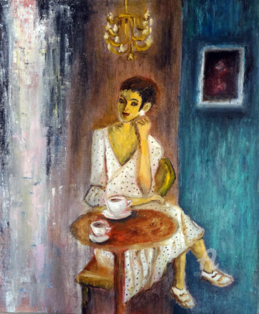 Painting titled "Woman at a Cafe Oil…" by Indrani Ghosh, Original Artwork, Oil Mounted on Other rigid panel
