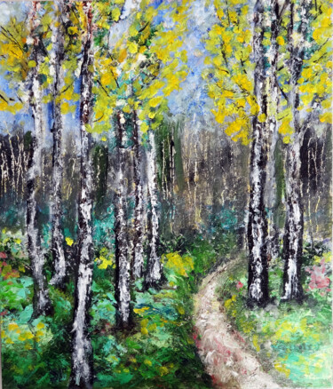 Painting titled "Birch Trees Texture…" by Indrani Ghosh, Original Artwork, Oil Mounted on Other rigid panel
