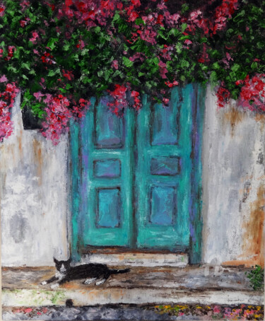 Painting titled "Door with Bougainvi…" by Indrani Ghosh, Original Artwork, Oil Mounted on Other rigid panel