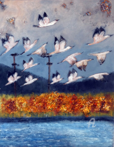 Painting titled "Migratory Birds Mix…" by Indrani Ghosh, Original Artwork, Acrylic Mounted on Other rigid panel