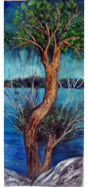 Painting titled "Tree by the Riversi…" by Indrani Ghosh, Original Artwork, Oil