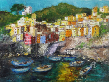 Painting titled "Riomaggiore Cinque…" by Indrani Ghosh, Original Artwork, Oil Mounted on Other rigid panel