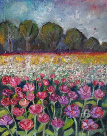 Pintura intitulada "Wild Flower Meadow…" por Indrani Ghosh, Obras de arte originais, Óleo