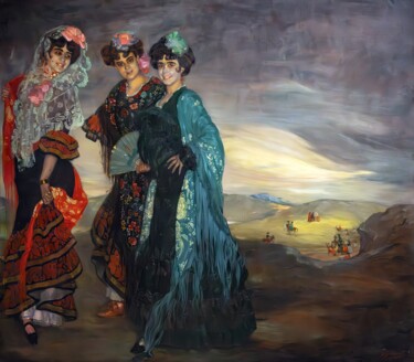 Malerei mit dem Titel "Mes cousines" von Ignacio Zuloaga, Original-Kunstwerk, Öl