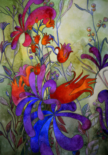 Картина под названием "Red Violet Still Li…" - Tatiana Ignat, Подлинное произведение искусства, Акварель