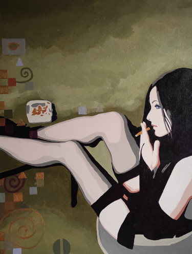 Картина под названием "Lady With A Cigaret…" - Tatiana Ignat, Подлинное произведение искусства, Масло Установлен на Деревянн…