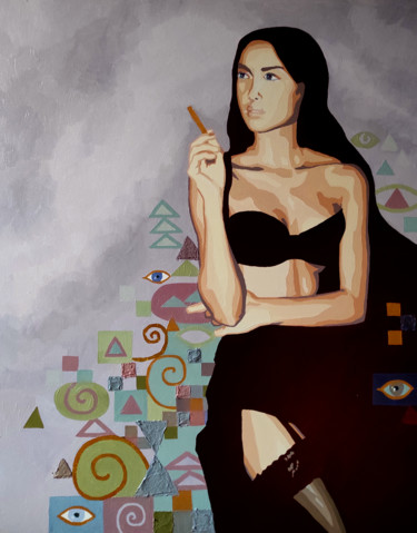 Painting titled "Lady With A Cigaret…" by Tatiana Ignat, Original Artwork, Oil Mounted on Wood Stretcher frame