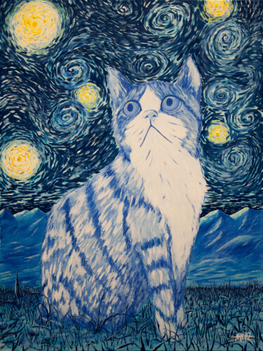 Картина под названием "El gato estrellado" - Igor Aranaz, Подлинное произведение искусства, Масло