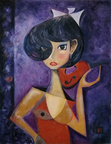 Картина под названием "Девочка и скрипка" - Игорь Бондаренко, Подлинное произведение искусства, Масло