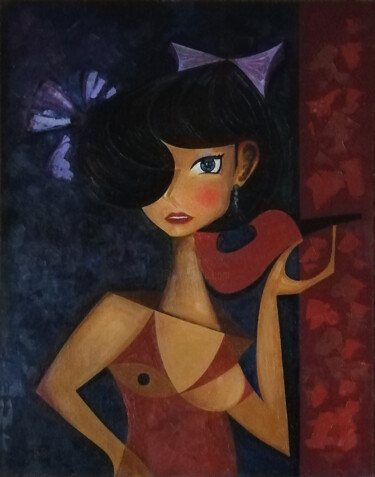 Painting titled "Girl and violin" by Igor Bondarenko, Original Artwork, Oil Mounted on Wood Stretcher frame