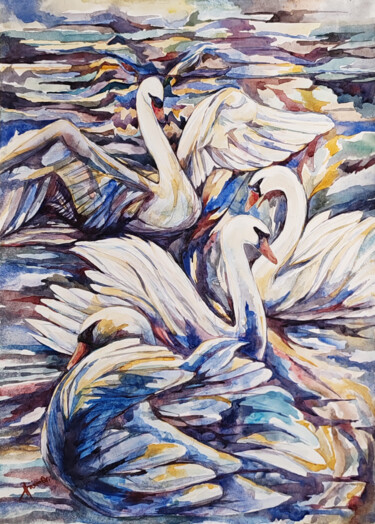 Pintura titulada "Лебеди на воде" por Igor Hramov, Obra de arte original, Acuarela