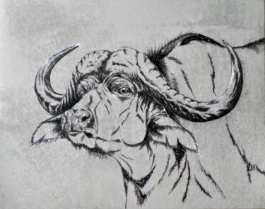 Desenho intitulada "African buffalo" por Igor Kashchenko, Obras de arte originais, Tinta