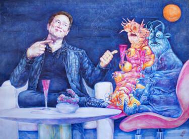 Dessin intitulée "Elon Musk persuades…" par Igor Komornyj, Œuvre d'art originale, Aquarelle