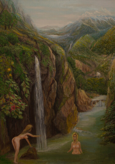 Картина под названием "Купание у водопада" - Игорь Кон, Подлинное произведение искусства, Масло