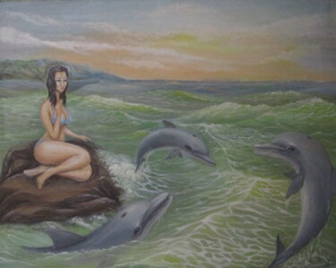 Painting titled "Дельфины пришли" by Igor Kon, Original Artwork, Oil