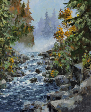 Malarstwo zatytułowany „Rough river in the…” autorstwa Igor Makeev, Oryginalna praca, Olej