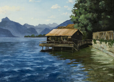 Painting titled "Fishing lodge on a…" by Igor Makeev, Original Artwork, Oil