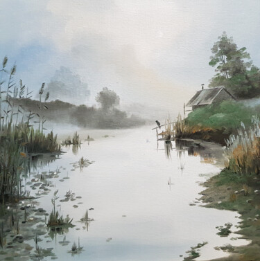 Malerei mit dem Titel "Fog over the river" von Igor Makeev, Original-Kunstwerk, Öl