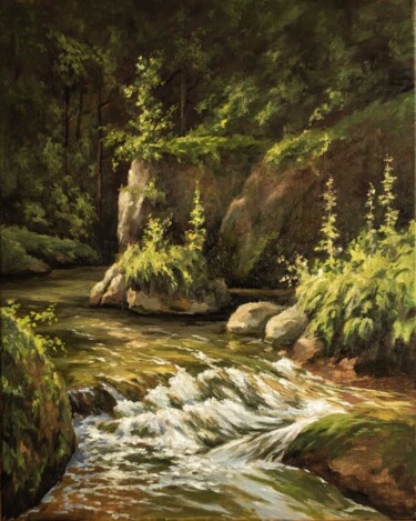 Painting titled ""Forest stream"." by Igor Makeev, Original Artwork, Oil