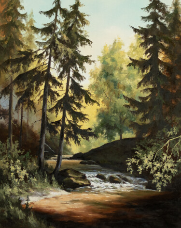 Painting titled "River in the forest" by Igor Makeev, Original Artwork, Oil