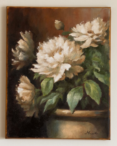 Painting titled "Vase with white flo…" by Igor Makeev, Original Artwork, Oil