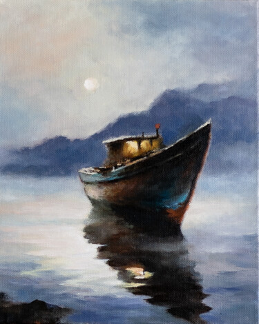 Peinture intitulée "Fishing boat at nig…" par Igor Makeev, Œuvre d'art originale, Huile