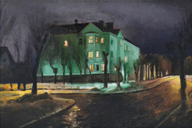 Pintura intitulada "Зеленый дом" por Igor Masin, Obras de arte originais, Óleo Montado em Outro painel rígido