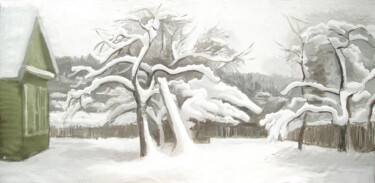 Картина под названием "Белый сад" - Игорь Машин, Подлинное произведение искусства, Масло Установлен на Деревянная панель