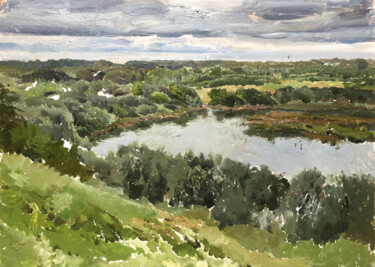 Картина под названием "Река Нерль. Село Пе…" - Игорь Машин, Подлинное произведение искусства, Масло Установлен на картон