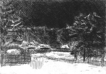 Рисунок под названием "Зимней ночью" - Игорь Машин, Подлинное произведение искусства, Гелевая ручка