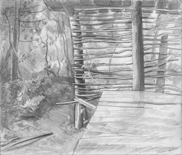 Рисунок под названием "Беседка у пруда" - Игорь Машин, Подлинное произведение искусства, Карандаш