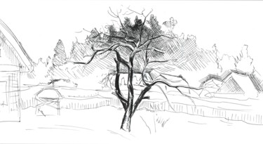 Рисунок под названием "Зимняя яблоня" - Игорь Машин, Подлинное произведение искусства, Гелевая ручка