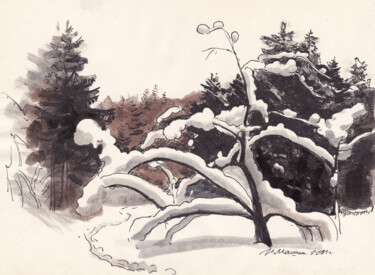 Pintura intitulada "Яблоня под снегом 2" por Igor Masin, Obras de arte originais, Caneta de gel