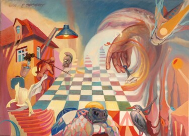 Painting titled "Check-Mate" by Igor Moscicki, Original Artwork, Oil Mounted on Wood Stretcher frame